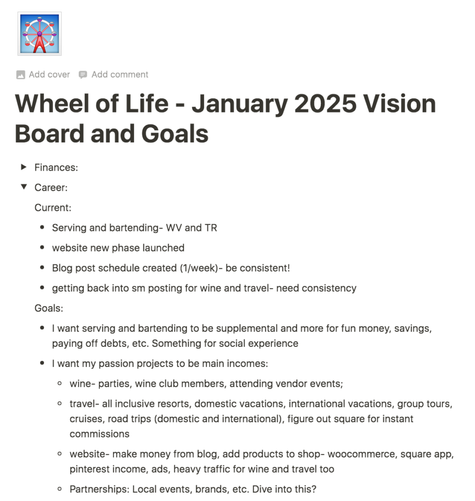 example of wheel of life exercise, current vs goals